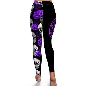 Women's Purple Roses & Skulls Halloween High-waisted Yoga Leggings Back