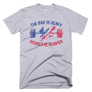 Heather Grey Red White Blue America USA Bar Is Heavy Regret Heavier Gym Fitness Weightlifting Powerlifting CrossFit T-Shirt