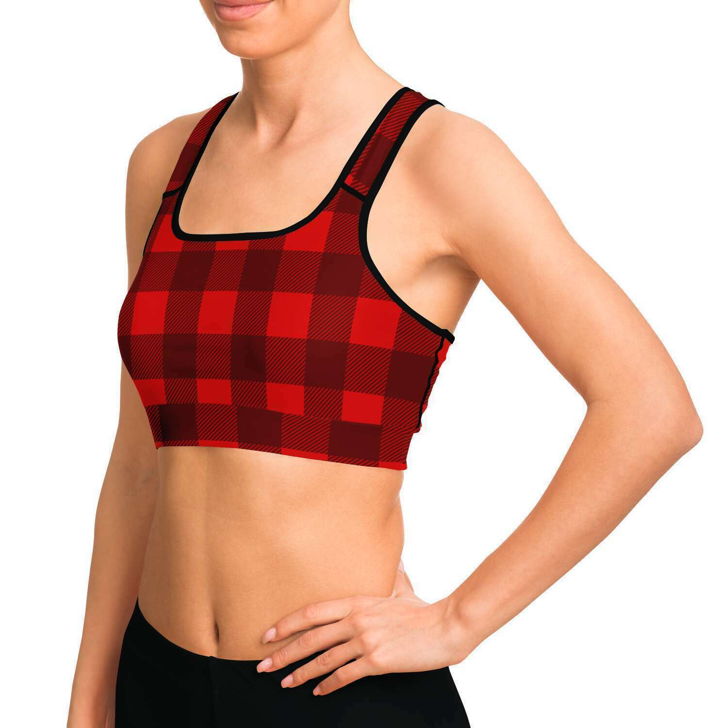 Women's Black Red Lumberjack Plaid Athletic Sports Bra Model Left
