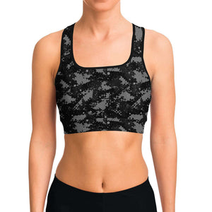 Women's Black Grey Digital Camouflage Athletic Sports Bra Model Front