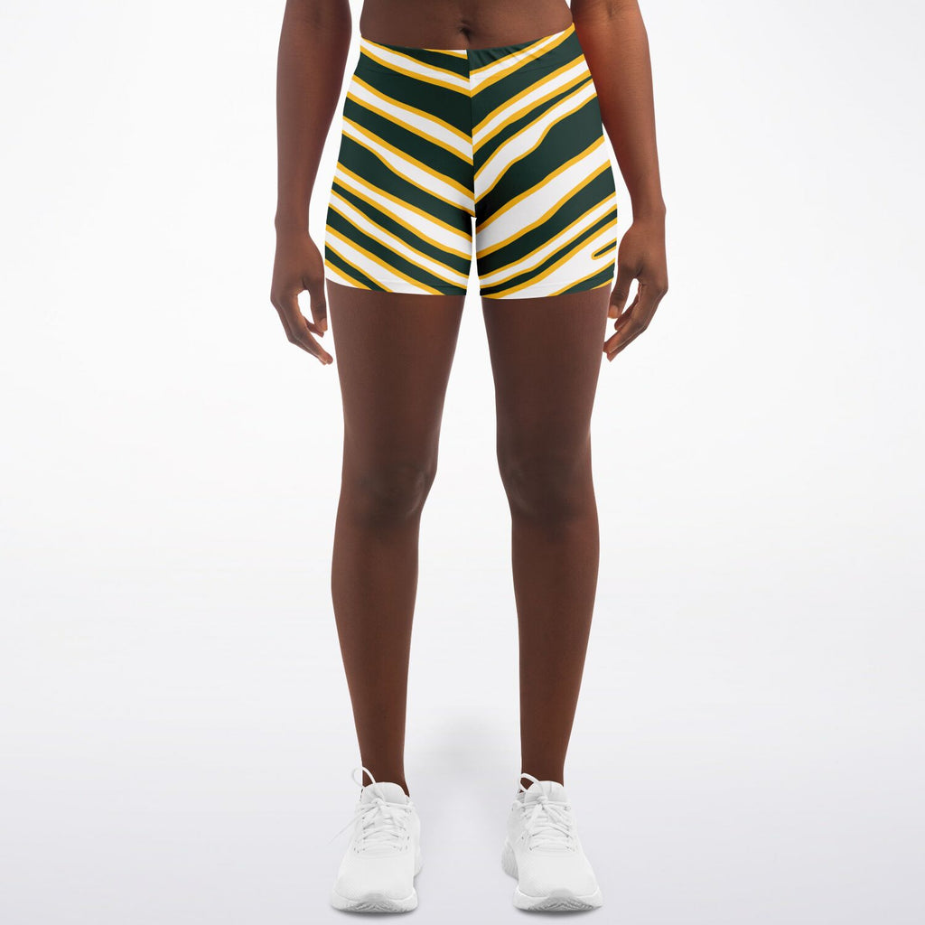 Women's Green Bay Football Yellow Wild Zebra Stripe Animal Pattern Mid-rise Athletic Booty Shorts