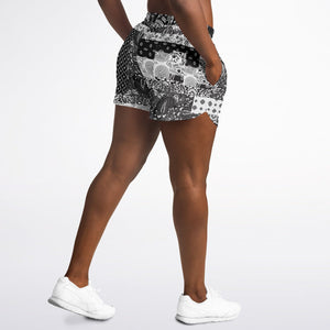 Black White Paisley Patchwork Running Shorts