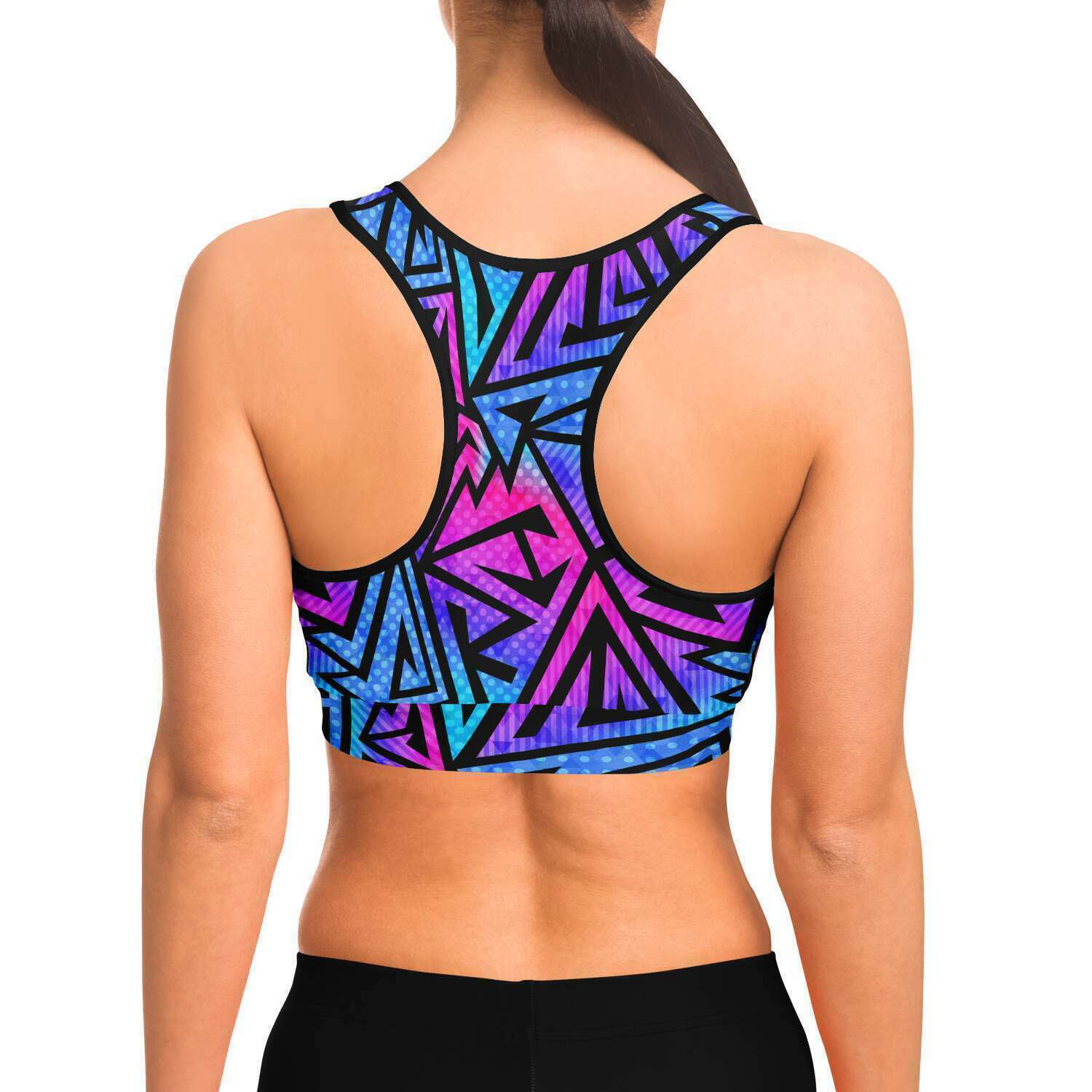 Women's Pink Blue Tribal Graffiti Athletic Sports Bra Model Back