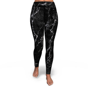 Women's Black White Marble High-waisted Yoga Leggings Front