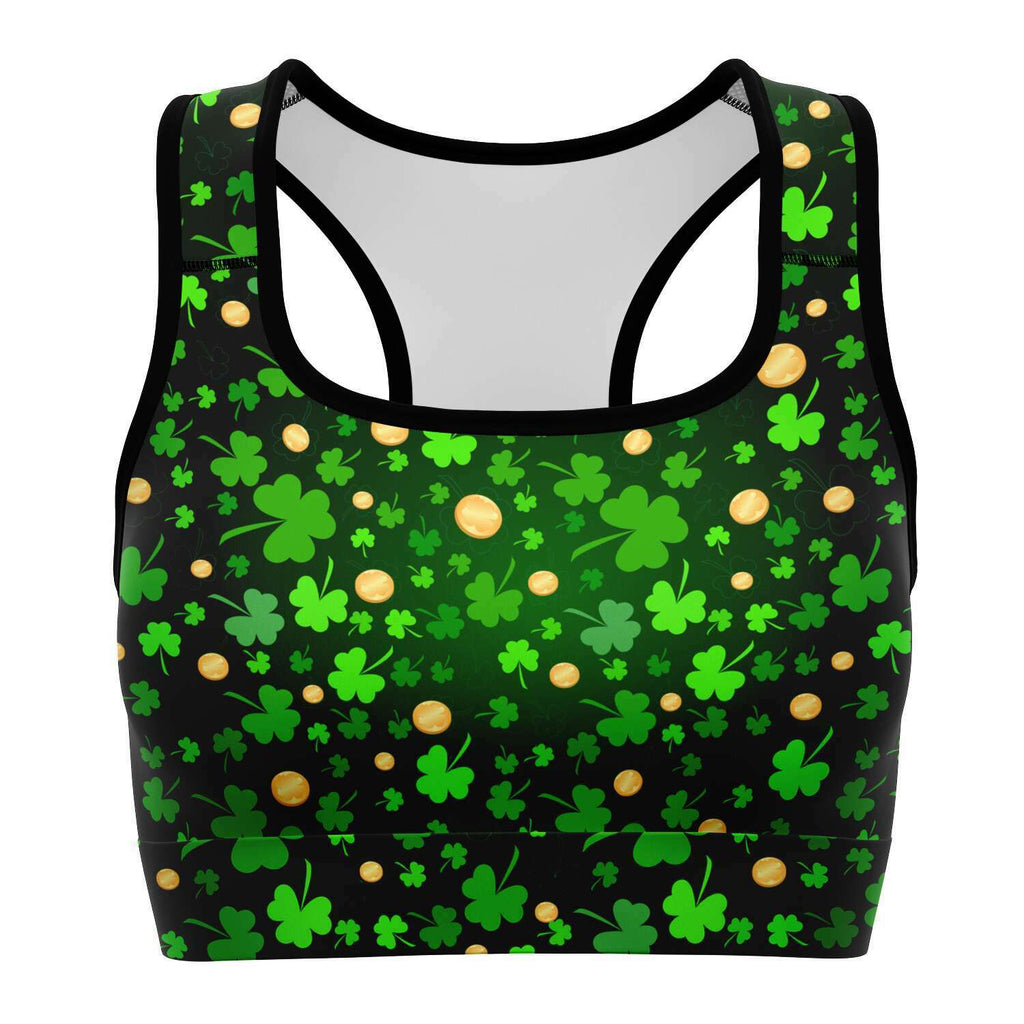 Women's St. Patrick's Day Feeling Lucky Green Shamrocks Gold Coins Athletic Sports Bra
