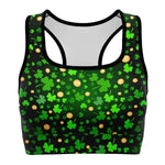 Women's St. Patrick's Day Feeling Lucky Green Shamrocks Gold Coins Athletic Sports Bra