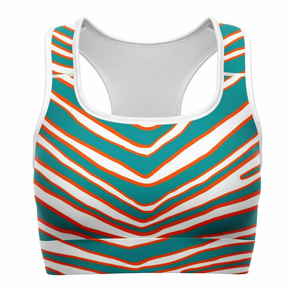 Women's Miami Football Teal Orange Wild Zebra Stripe Animal Pattern Athletic Sports Bra