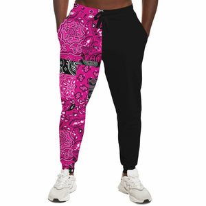 Unisex Pink Black Two-Tone Patchwork Paisley Athletic Joggers
