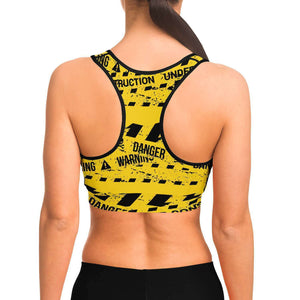 Women's Yellow Under Construction Warning Caution Tape Athletic Sports Bra Model Back