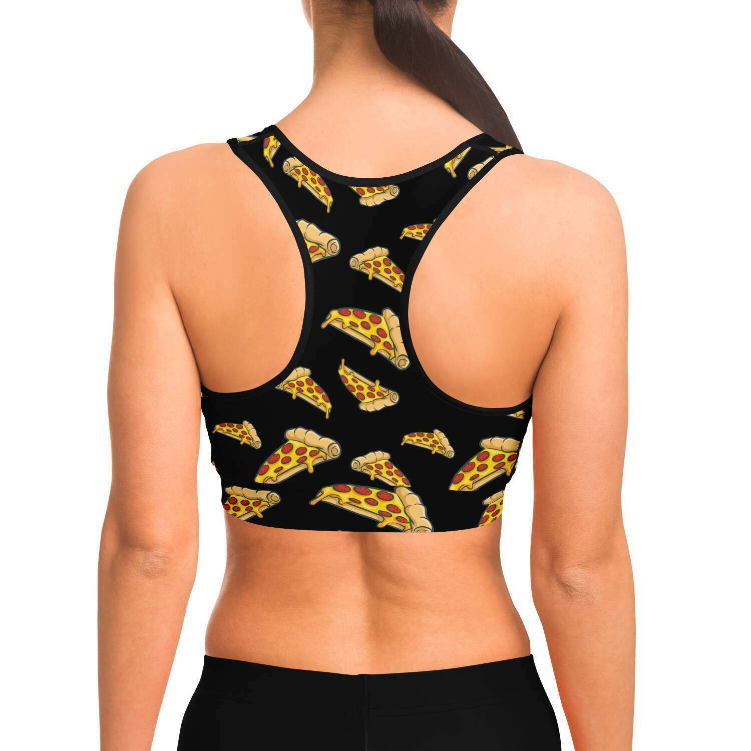 Women's Late Night Hot Pepperoni Pizza Party Athletic Sports Bra Model Back