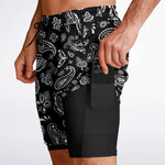 Men's 2-in-1 Classic Black White Paisley Gym Shorts