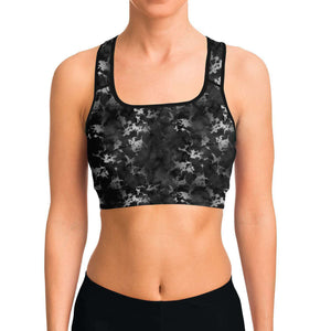 Women's Black Silver Gilded Marble Athletic Sports Bra Model Front