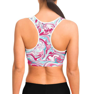 Women's Pink Blue Marble Paint Swirls Athletic Sports Bra Model Back