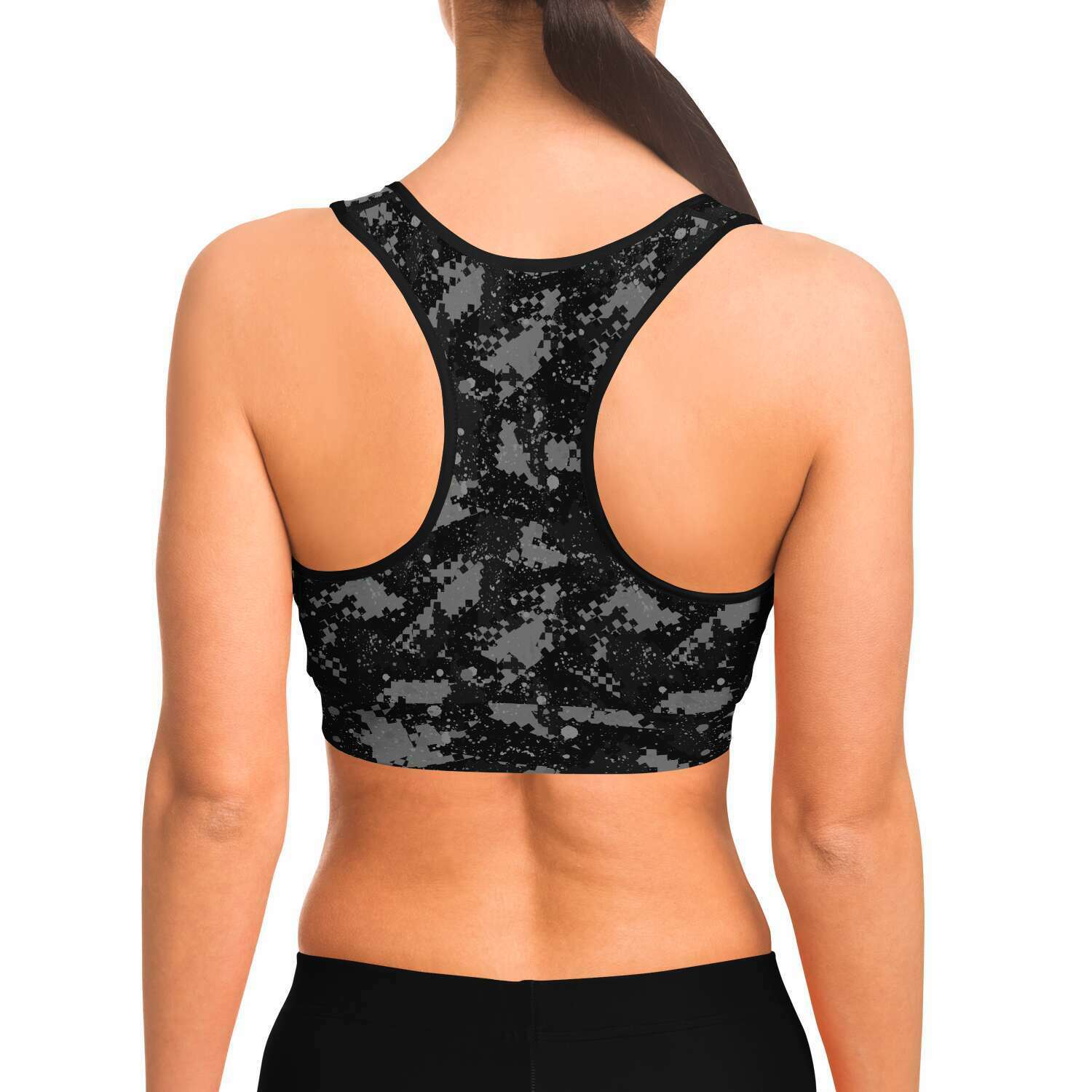 Women's Black Grey Digital Camouflage Athletic Sports Bra Model Back