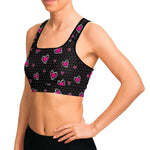 Women's Pink Hearts Polka Dots Athletic Sports Bra Model Left