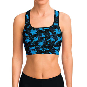 Women's Blue Digital Camouflage Athletic Sports Bra Model Front