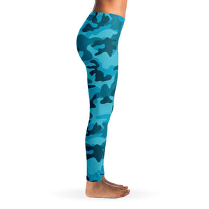Women's All Cyan Blue Camouflage Mid-rise Leggings Right
