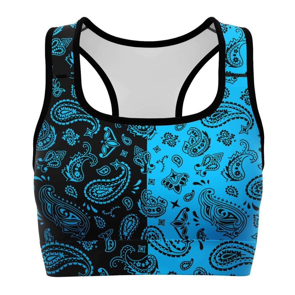Women's Half Split Black Carolina Blue Paisley Bandana Athletic Sports Bra