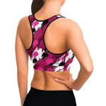 Women's Black Pink Brush Camouflage Athletic Sports Bra Model Right