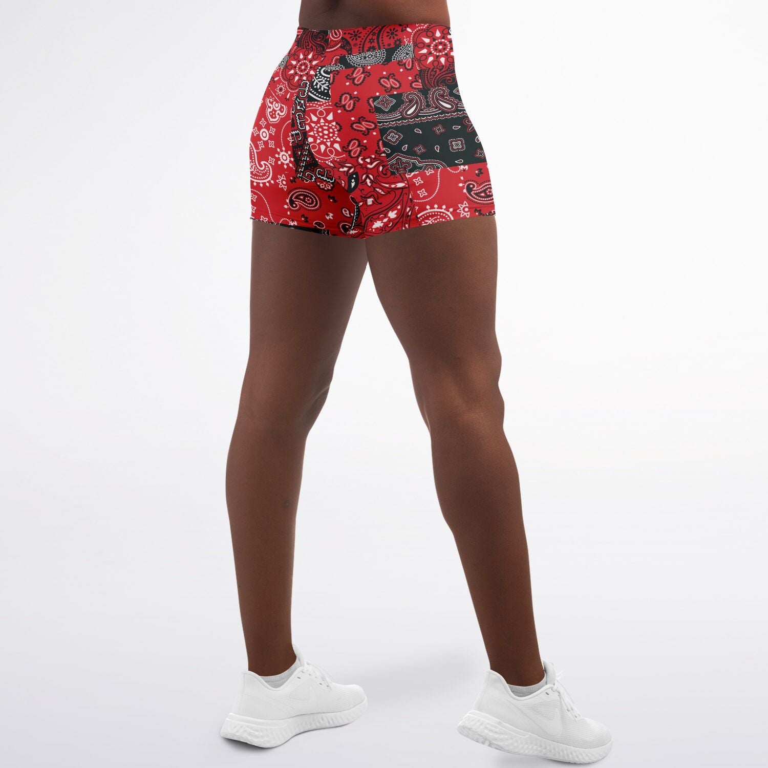 Women's Red Paisley Patchwork Mid-rise Athletic Yoga Booty Shorts Model Back