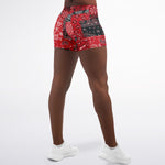 Women's Red Paisley Patchwork Mid-rise Athletic Yoga Booty Shorts Model Back