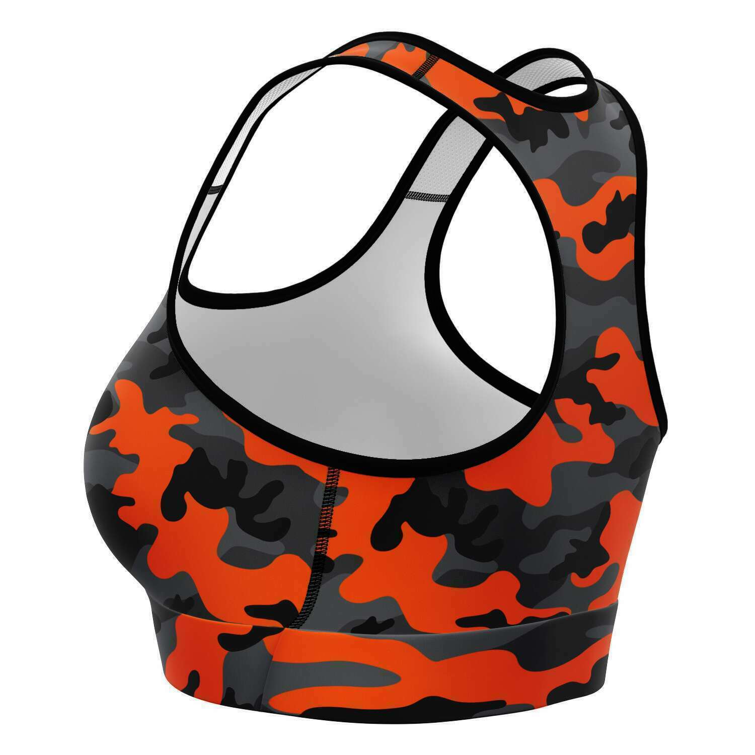 Women's Black Orange Camouflage Athletic Sports Bra Left