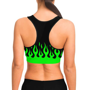 Green Fire Flames Sports Bra