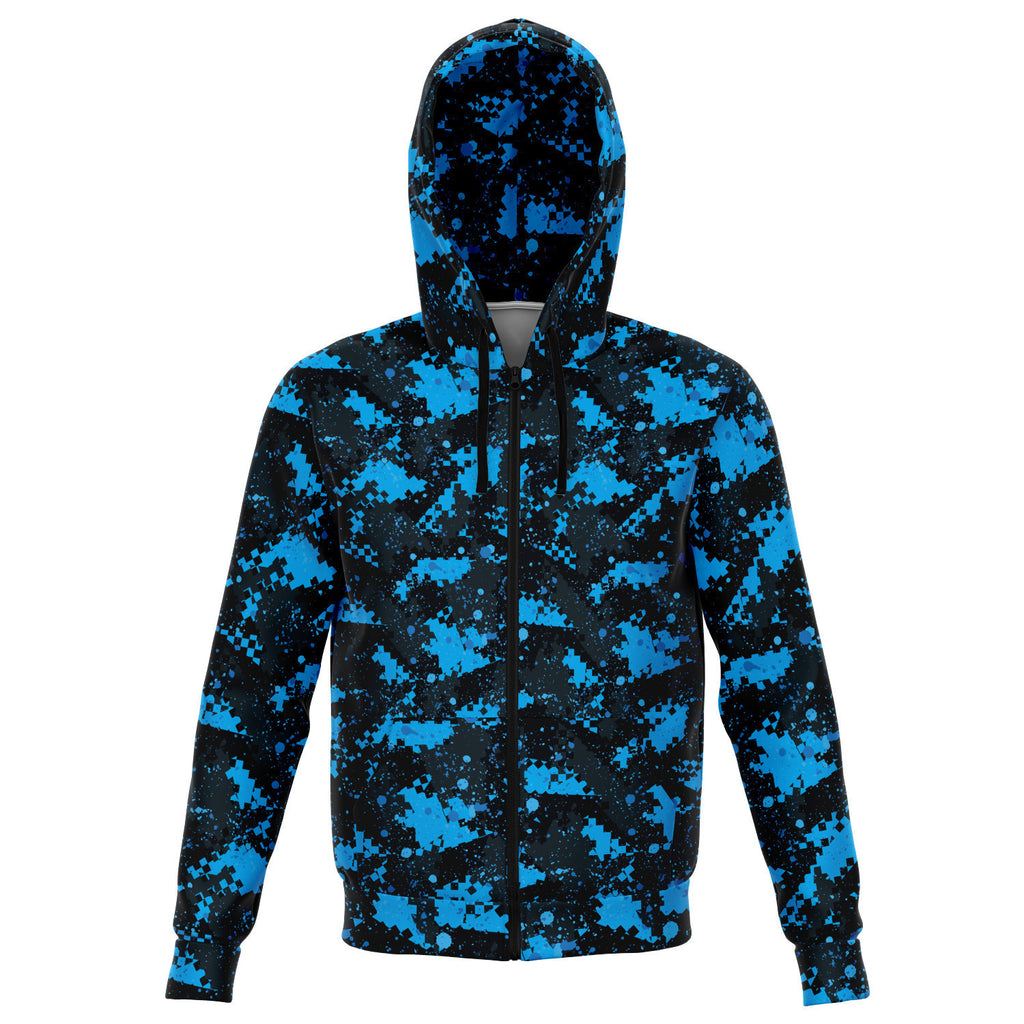 Unisex Blue Digital Camouflage Athletic Zip-Up Hoodie