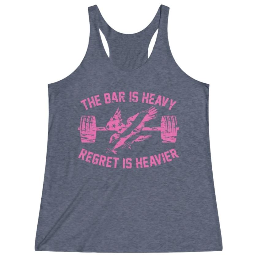 Women's Blue Pink Bar Is Heavy Regret Is Heavier Fitness Gym Racerback Tank Top
