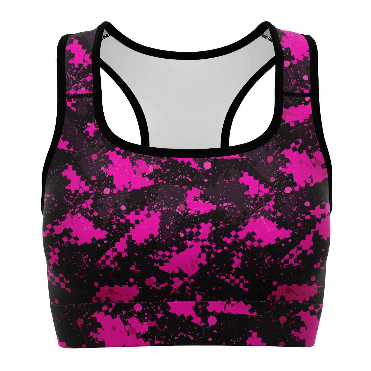 Women's Black Pink Digital Camouflage Athletic Sports Bra Front