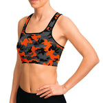 Women's Black Orange Camouflage Athletic Sports Bra Model Left