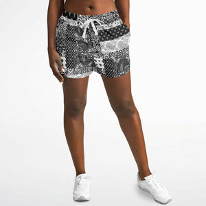 Black White Paisley Patchwork Running Shorts