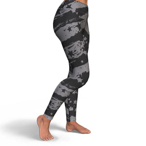 Women's Grey Grunge Stars Stripes High-waisted Yoga Leggings Right