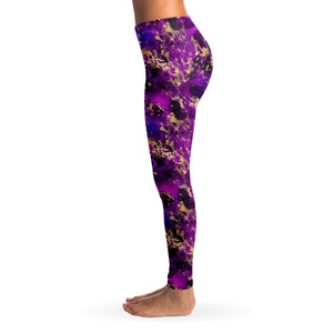 Women's Purple Gold Flake Galaxy Gods Mid-rise Yoga Leggings Left