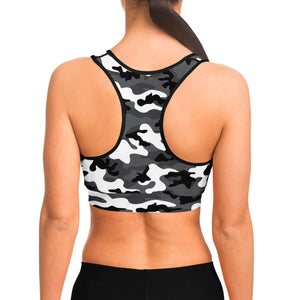 Women's Black White Camouflage Athletic Sports Bra Model Back