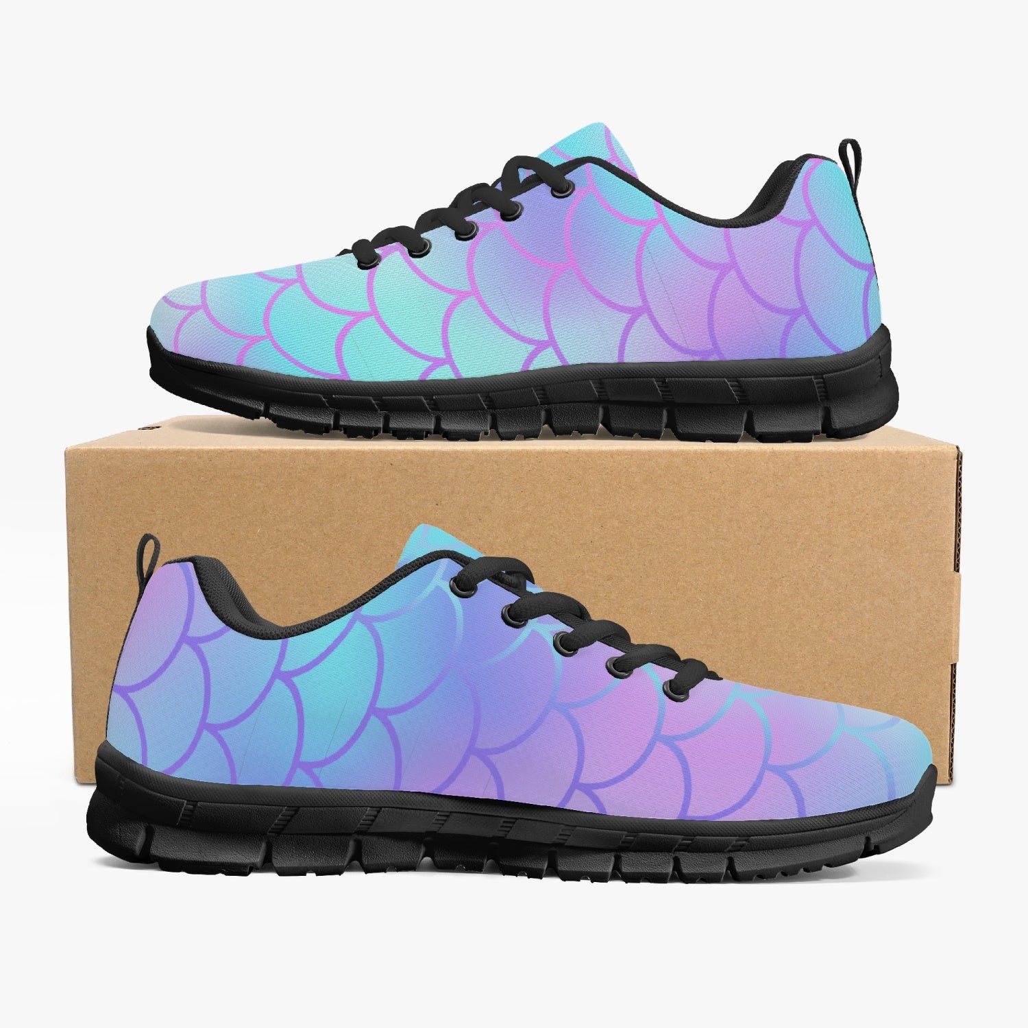 Women's Pink Blue Mermaid Half Scales Workout Gym Sneakers Inside Outside View