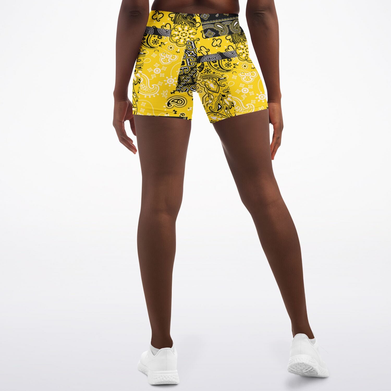 Women's Yellow Paisley Patchwork Athletic Mid-rise Yoga Booty Shorts Back