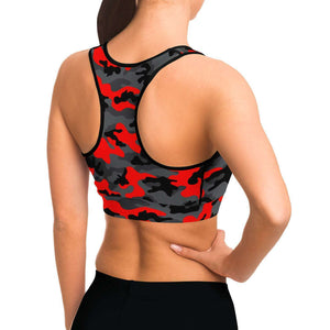 Women's Black Red Camouflage Athletic Sports Bra Model Right