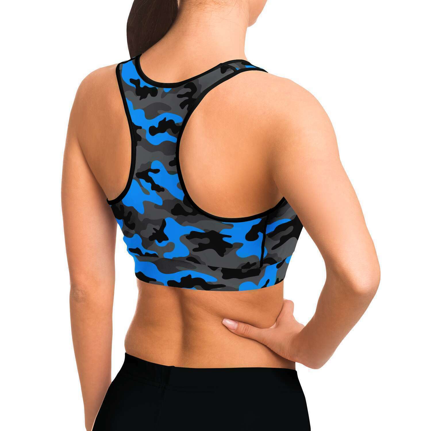 Women's Black Blue Camouflage Athletic Sports Bra Model Right