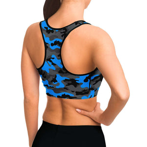 Women's Black Blue Camouflage Athletic Sports Bra Model Right