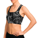 Women's Black Grey Marble Swirl Athletic Sports Bra Model Left