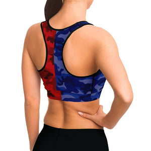Women's All Blue Red Camouflage Athletic Sports Bra Model Right