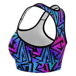 Women's Pink Blue Tribal Graffiti Athletic Sports Bra Left