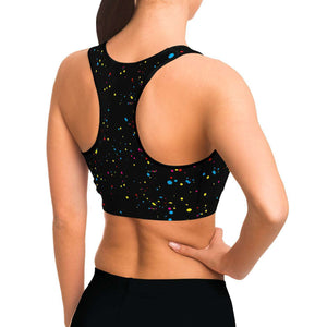 Women's CMYK Color Splatter Athletic Sports Bra Model Right
