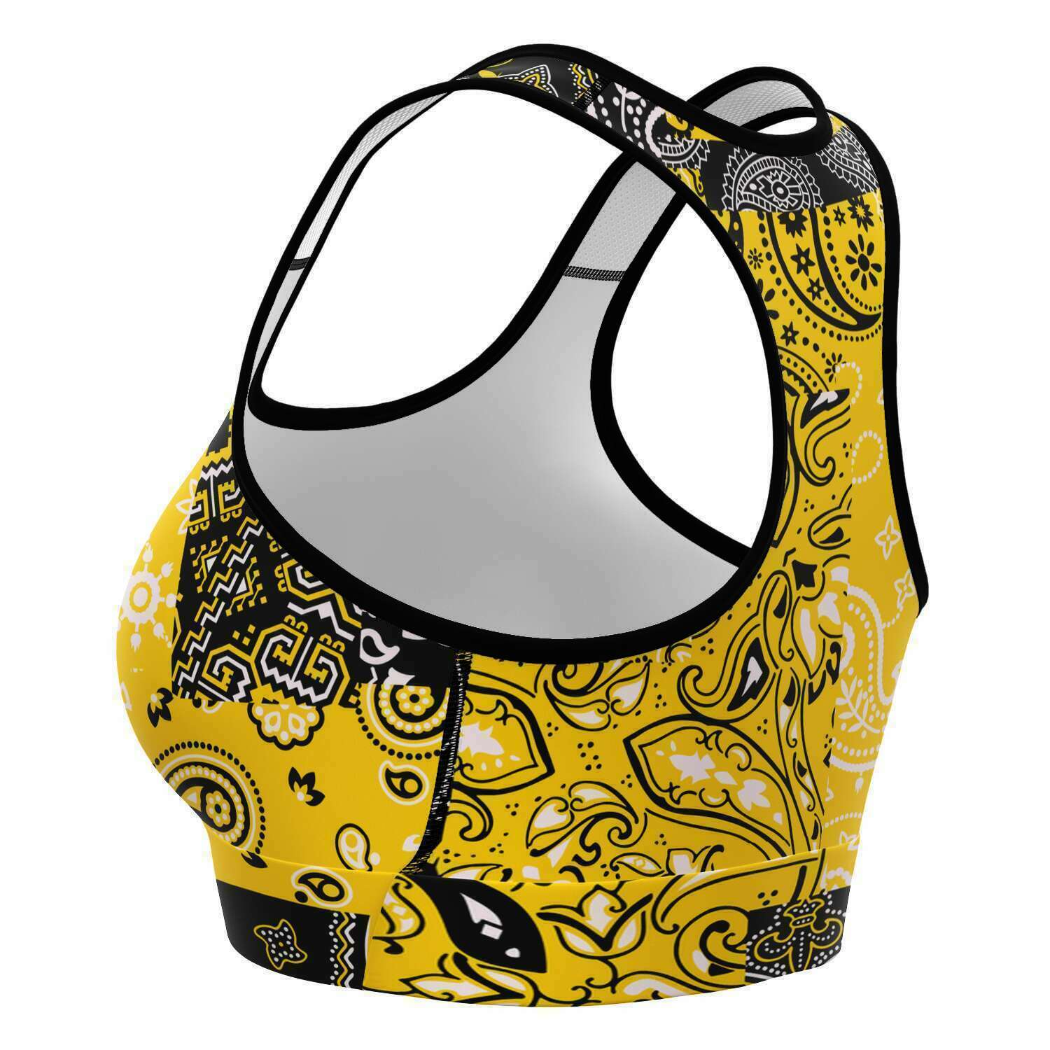 Women's Yellow Paisley Patchwork Athletic Sports Bra Left