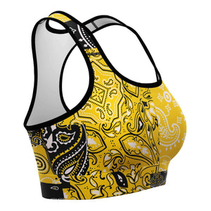 Women's Yellow Paisley Patchwork Athletic Sports Bra Right