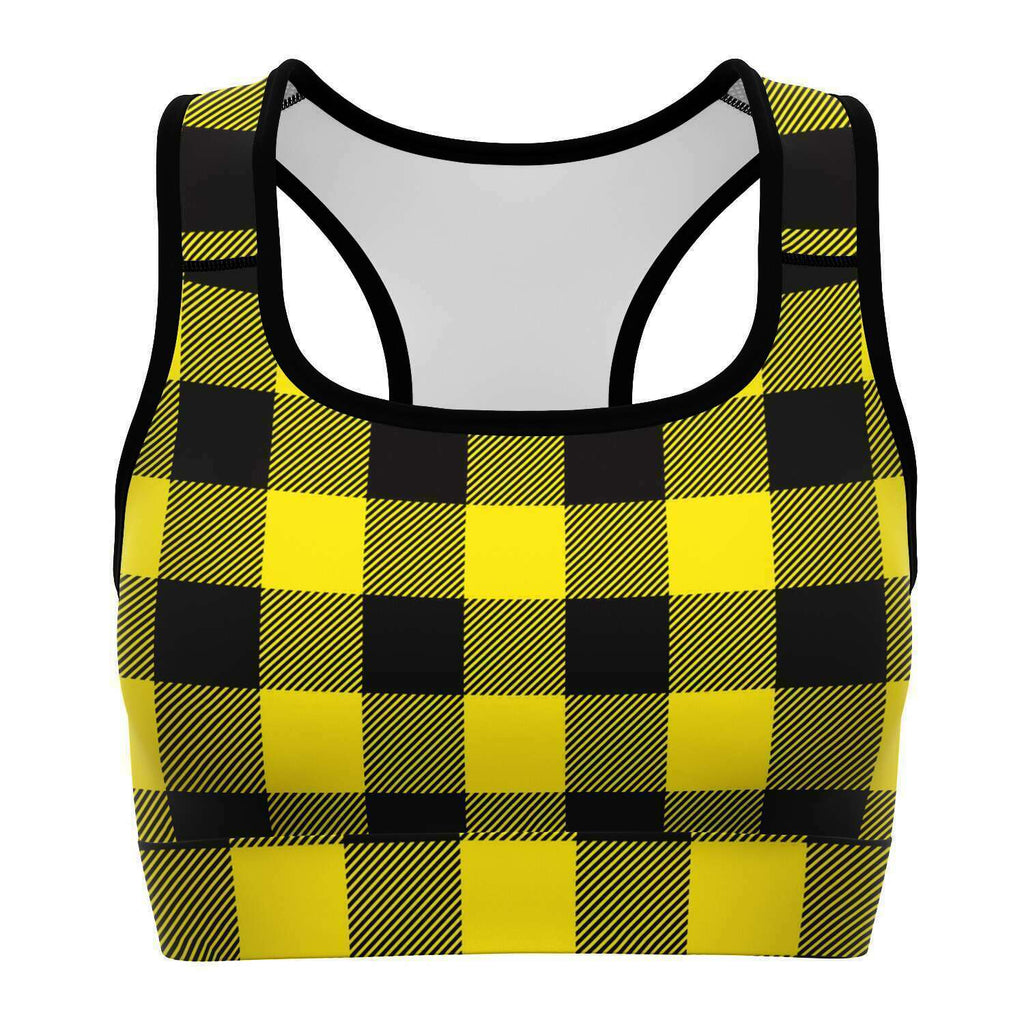 Women's Yellow Lumberjack Plaid Tartan Athletic Sports Bra