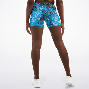 Women's Teal Paisley Patchwork Mid-rise Athletic Yoga Booty Shorts Back