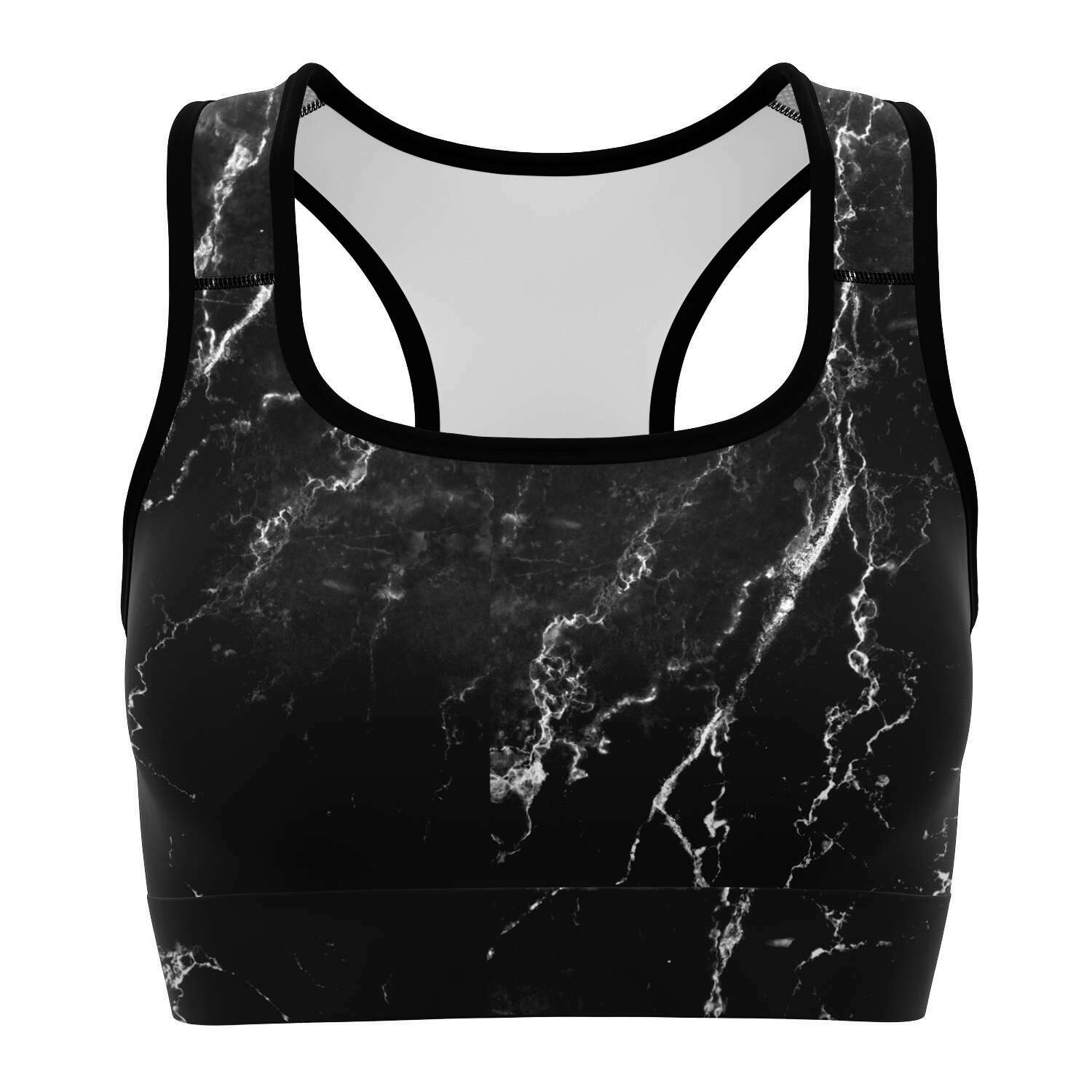 Women's Black Marble Athletic Sports Bra Front
