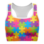 Women's Rainbow Puzzle Pieces Autism Awareness Athletic Sports Bra